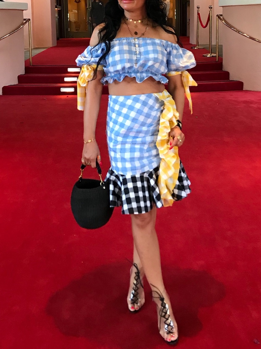 Caroline Constas Plaid Gingham Cotton Crop Top & Skirt Set Blue Yellow S NEW